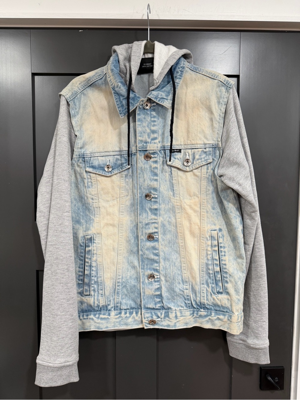 Light Wash Denim Bomber Jacket with Gray Hood and Sleeves